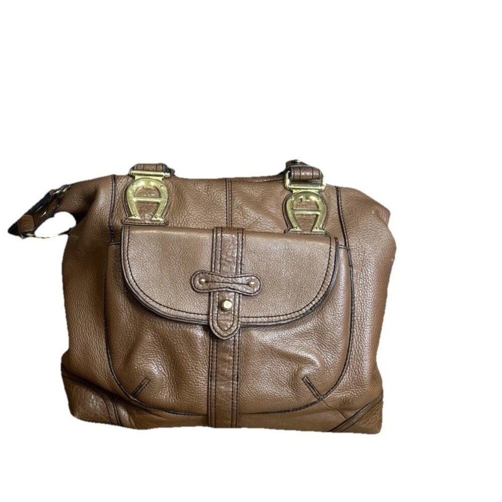 Etienne Aigner Handbag Brown Leather Double Handles Gold Hardware Retro